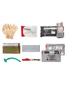 Trauma Gloves (Rolled 1x Pair)
Quikclot Bleeding Control Dressing (1x)
Emergency Trauma Dressing 6” (1x)
Hypothermia Blanket - Green / Silver (1x)
Flat Fold Tape (1x)
Compressed Gauze (1x)
SWAT-T Pressure Device (1x)