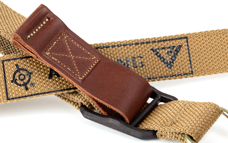 Leather Pull tab sling detail and stitching